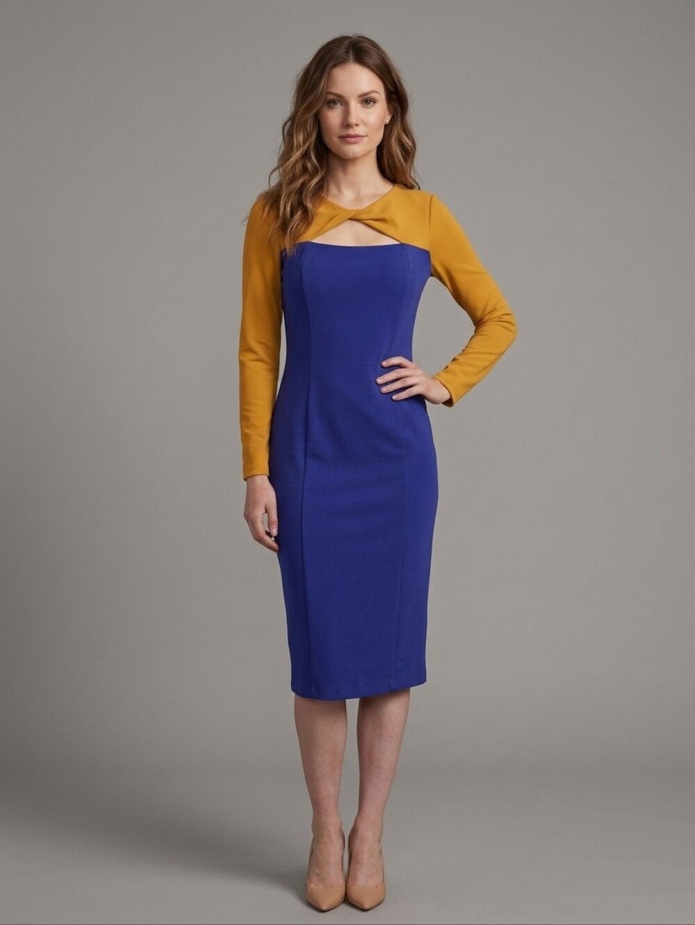 New Women's Color Block Twist Cutout Knee-Length Long Sleeves Fall Dress Medium
